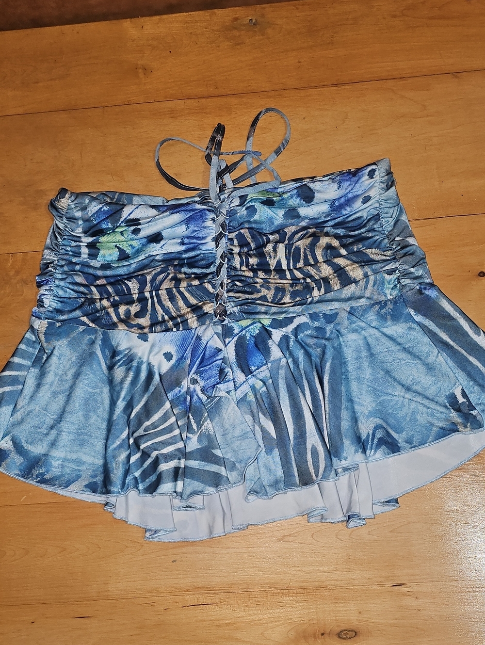 I.AM.GIA Blue Aqua Ruched Lace-Up Zebra Print Mini Skirt